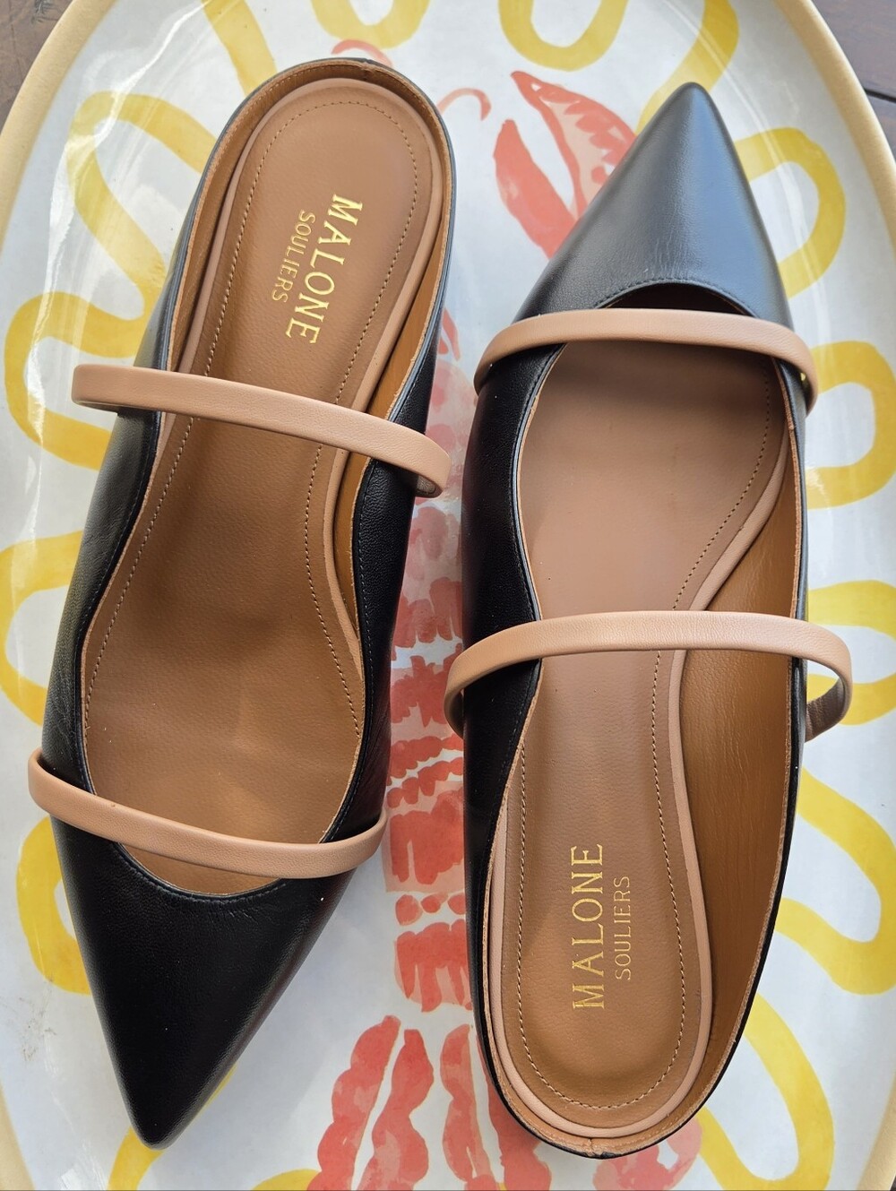 Malone Soulier Maureen flats. Black with tan strap